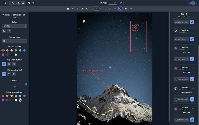 Outil d'annotation d'Alpha Studio : texte, flèche et tracé posés sur un visuel, commentaires horodatés dans la colonne de droite