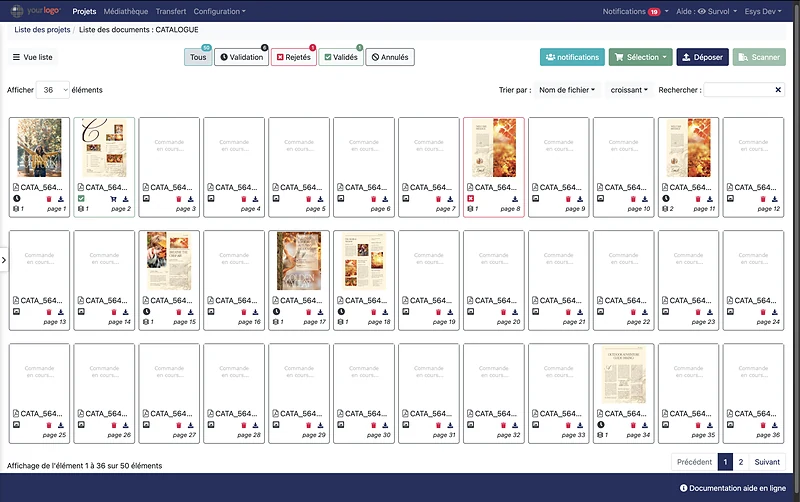 Chemin de fer d'un catalogue dans Alpha Studio : les pages en vignettes, avec leur statut en validation, rejetée ou validée