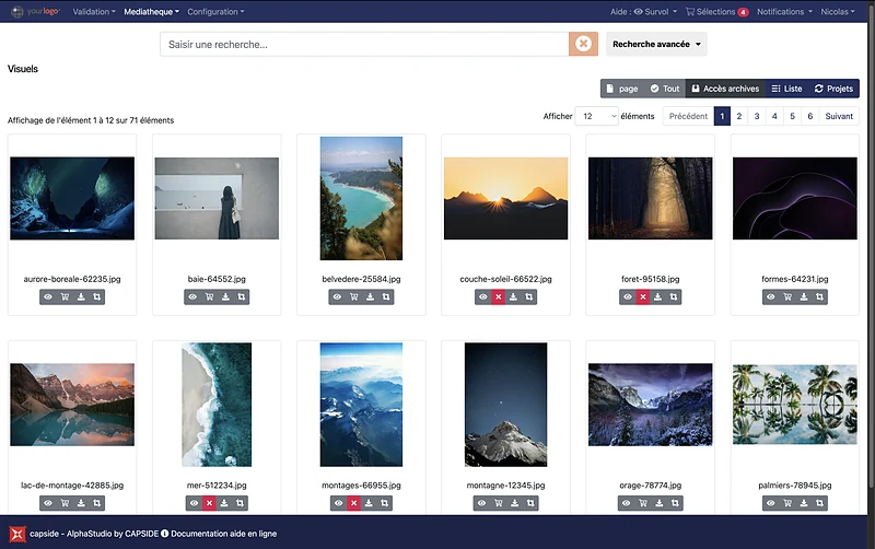 Médiathèque d'Alpha Studio : grille de visuels avec aperçu, sélection, téléchargement et recadrage