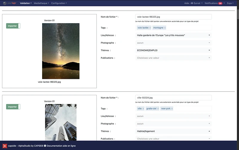 Fiche d'import d'un visuel : nom de fichier, tags, lieu, photographe et thème