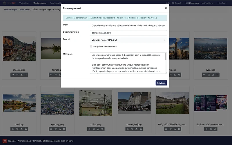 Envoi d'une sélection par e-mail : lien valable un mois, choix du format et du filigrane
