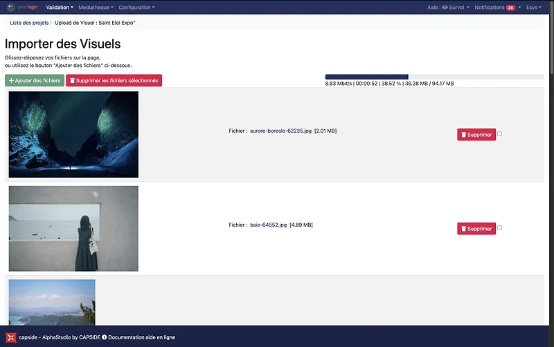 Import de visuels en cours : chaque fichier affiche sa taille et sa barre de progression
